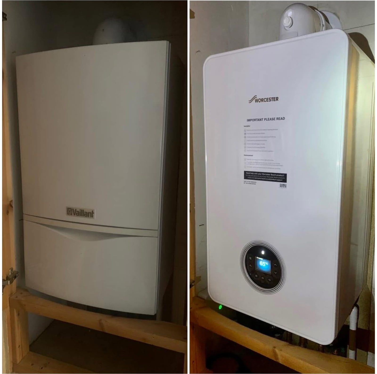 Before and after boiler replacement showing an old gas boiler removed and a new Worcester Bosch combi boiler fitted