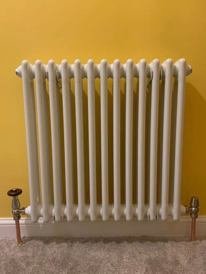 Traditional white column radiator installed against a painted feature wall